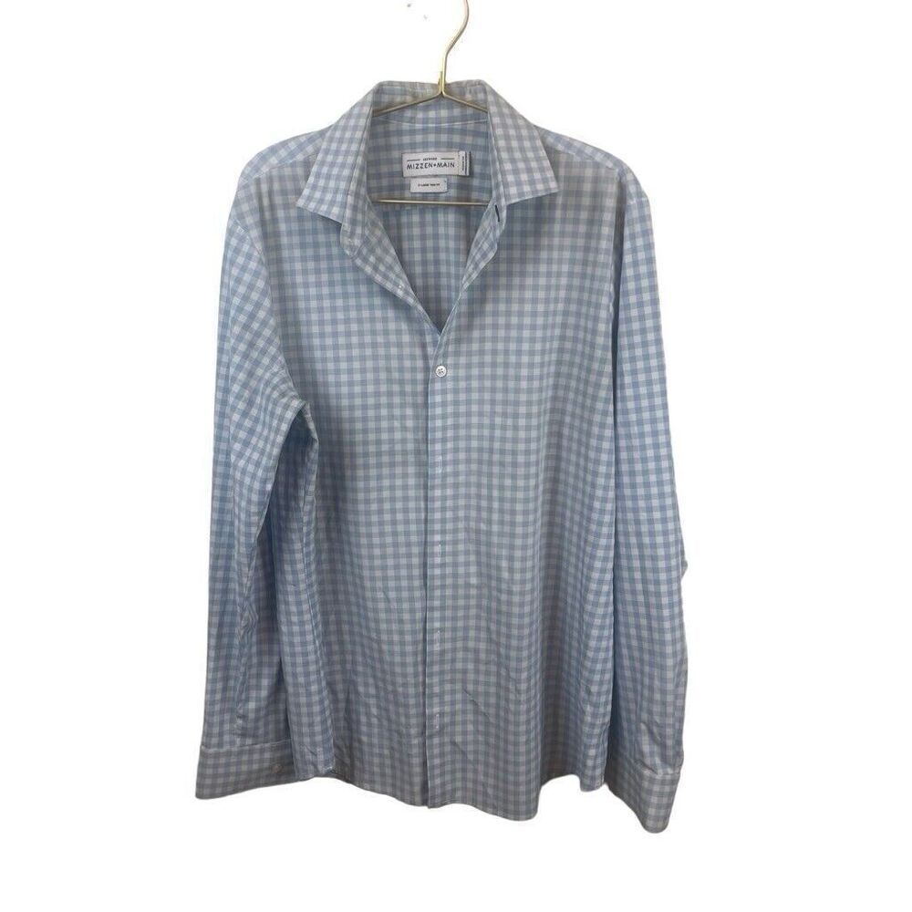 Mizzen + Main Leeward Blue Gingham Plaid Button Up Shirt Size XL Trim Fit